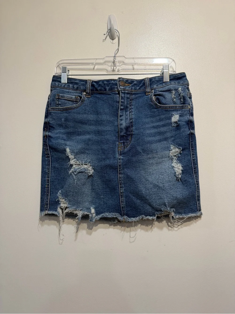 Wax Jean Distressed Denim Mini Skirt Medium Wash Stretch Raw Hem  Size Large